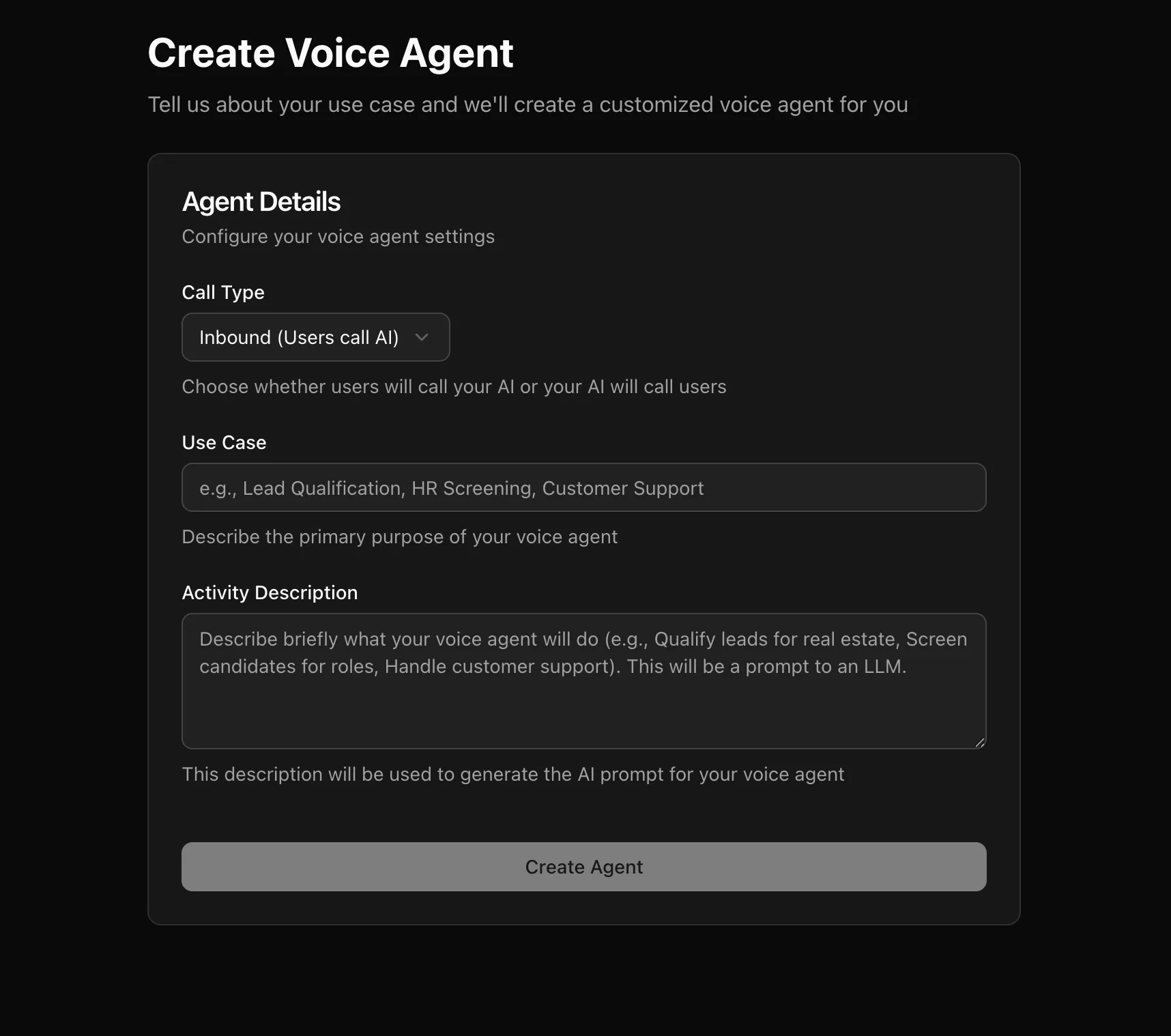 The Create Voice Agent form with the Call Type, Use Case and Activity Description fields